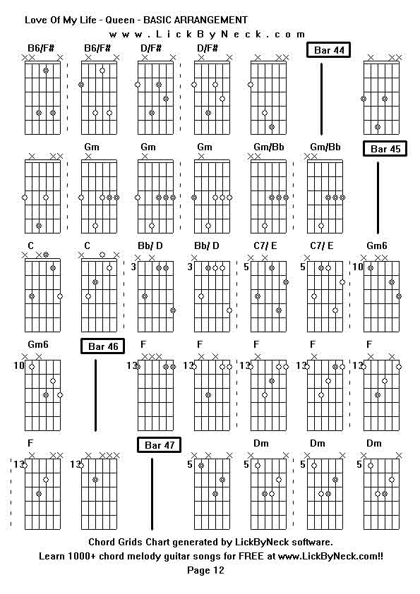 Chord Grids Chart of chord melody fingerstyle guitar song-Love Of My Life - Queen - BASIC ARRANGEMENT,generated by LickByNeck software.